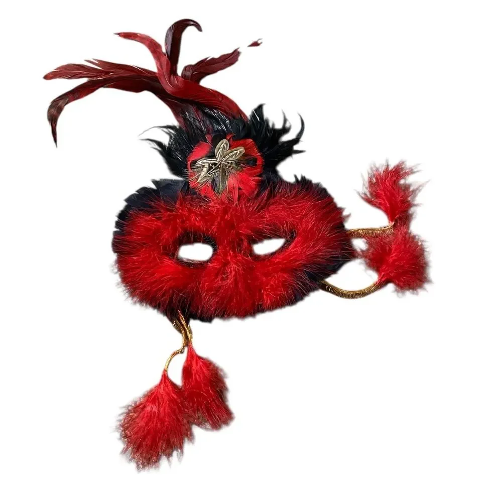 *8A Masquerade mask Red & Black fuzzy Feather Look Party Mask.